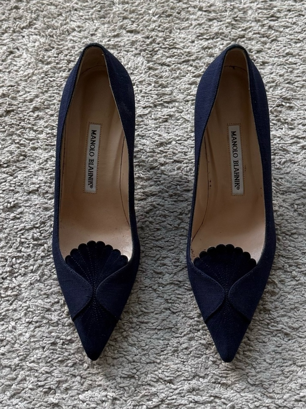 Manolo Blahnik Navy Suede Pointed Toe Scallop Pumps